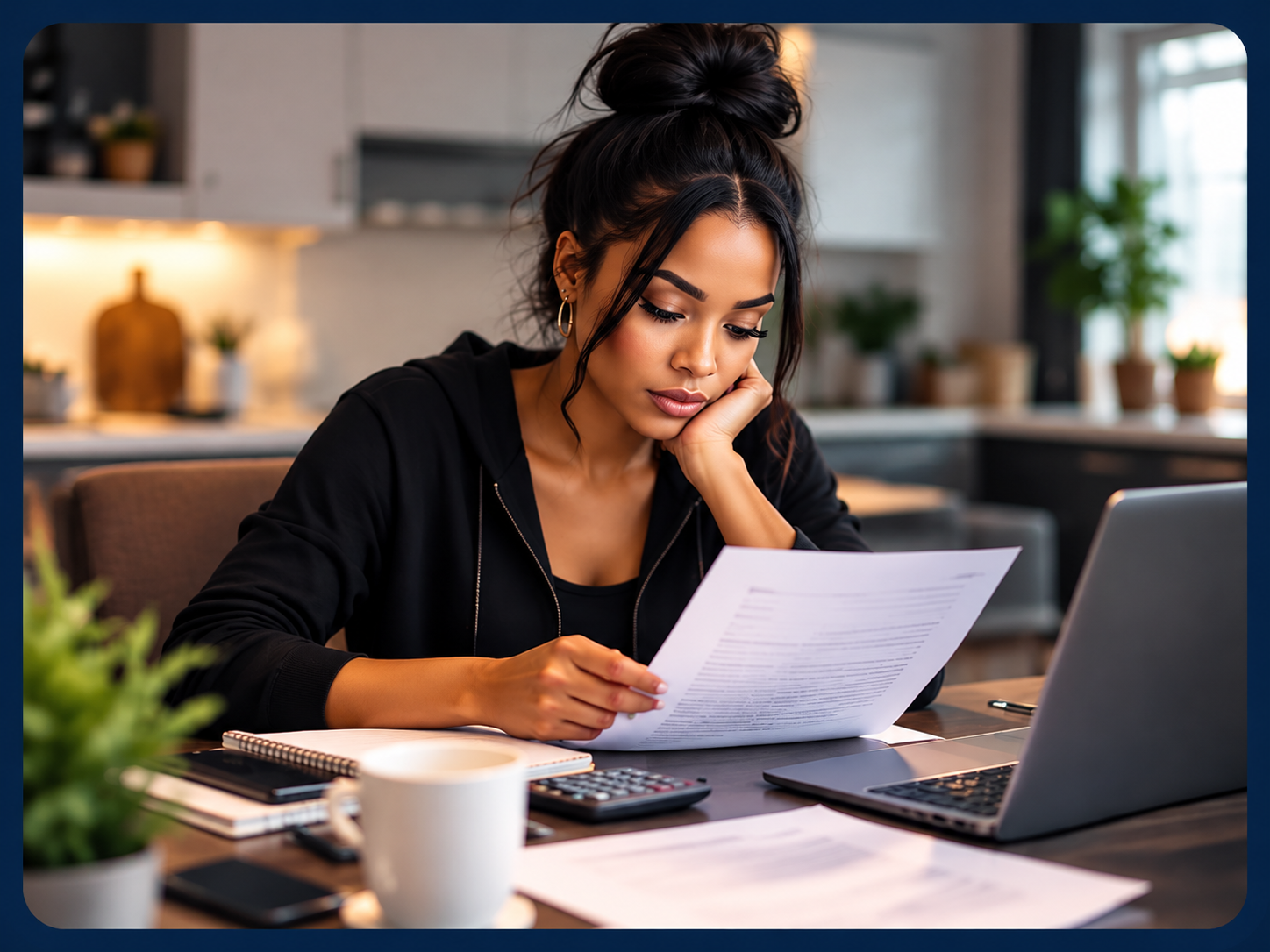 Woman reviewing financial documents at home