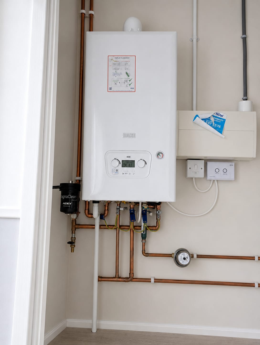 Heating installation showing detailed copper pipework