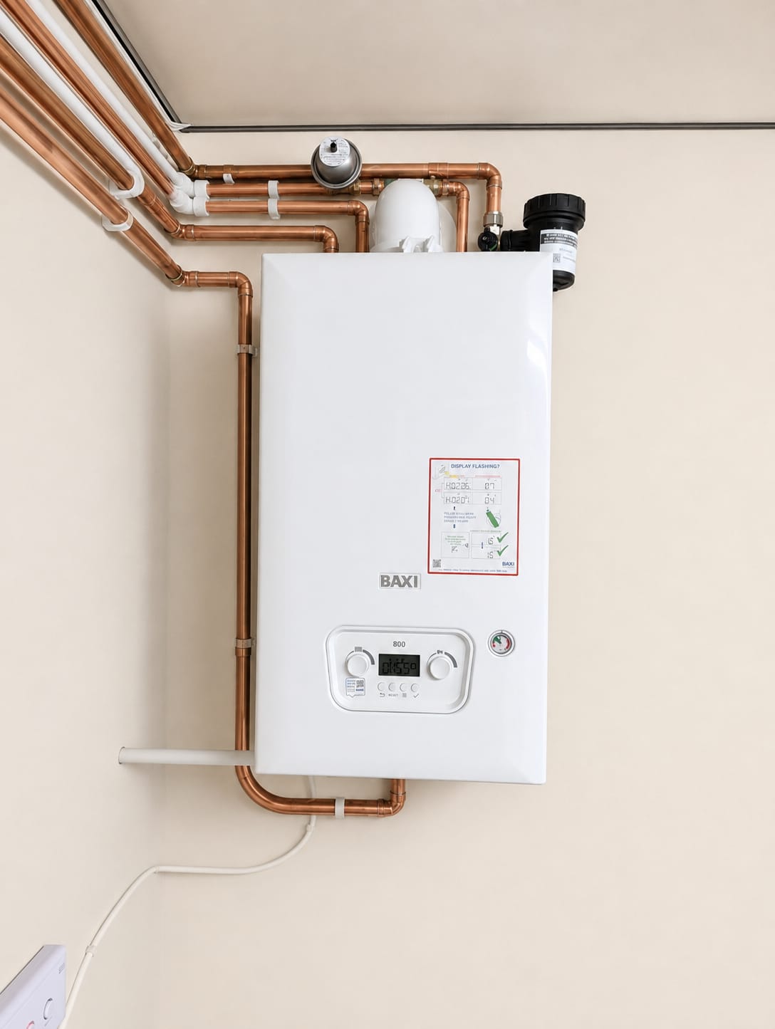 Completed heating installation with boiler and copper pipework