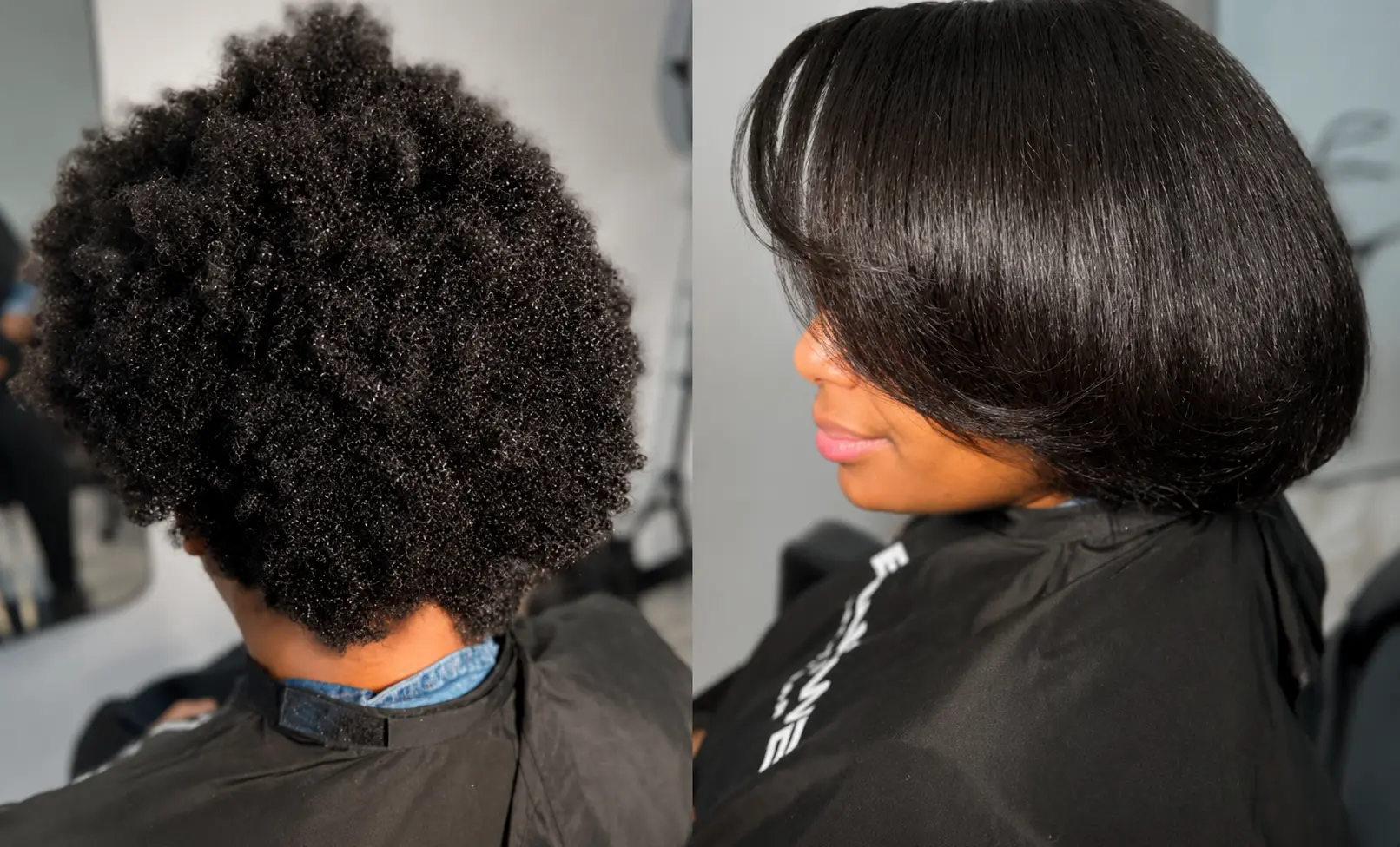 Avant et après : cheveux naturels, puis silk press lisse