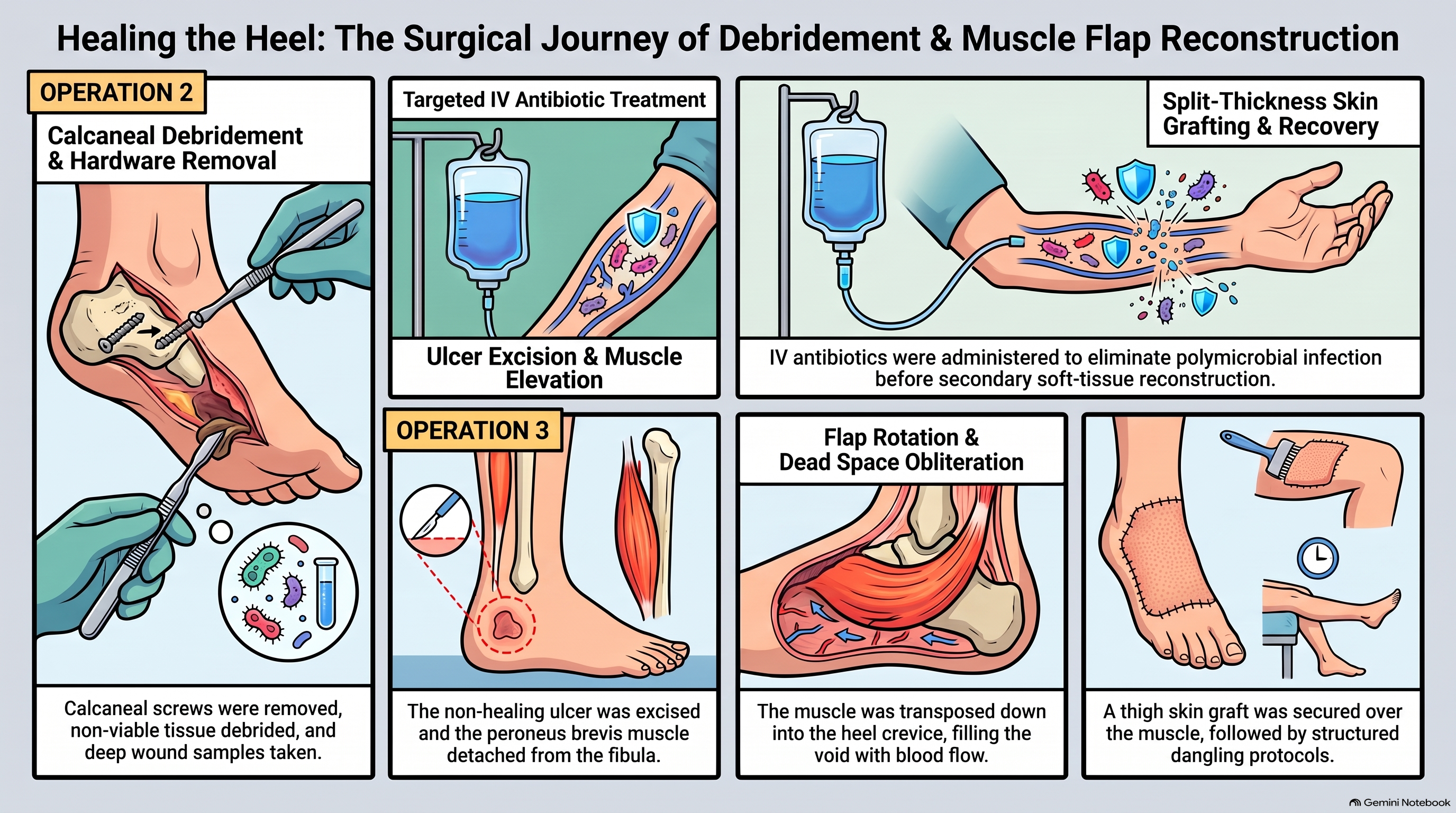 Infographic illustrating Damien Harrison's CMT foot reconstruction procedures: Achilles lengthening, calcaneal osteotomy, tendon transfers, Jones procedure, surgical debridement, and peroneus brevis muscle flap.