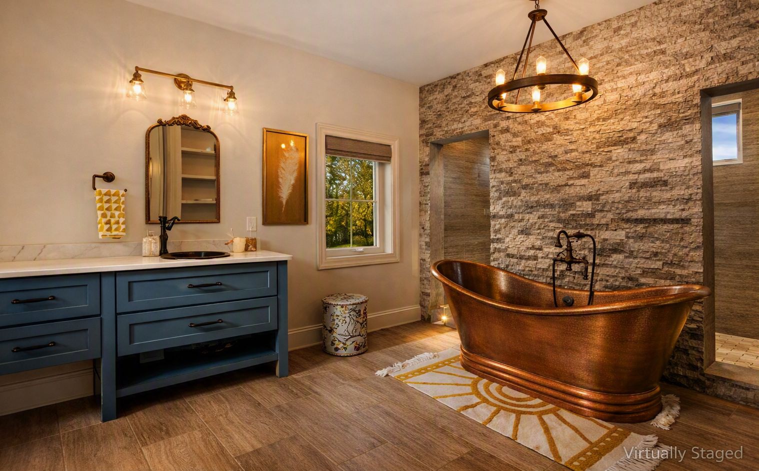 Primary bath with copper soaking tub