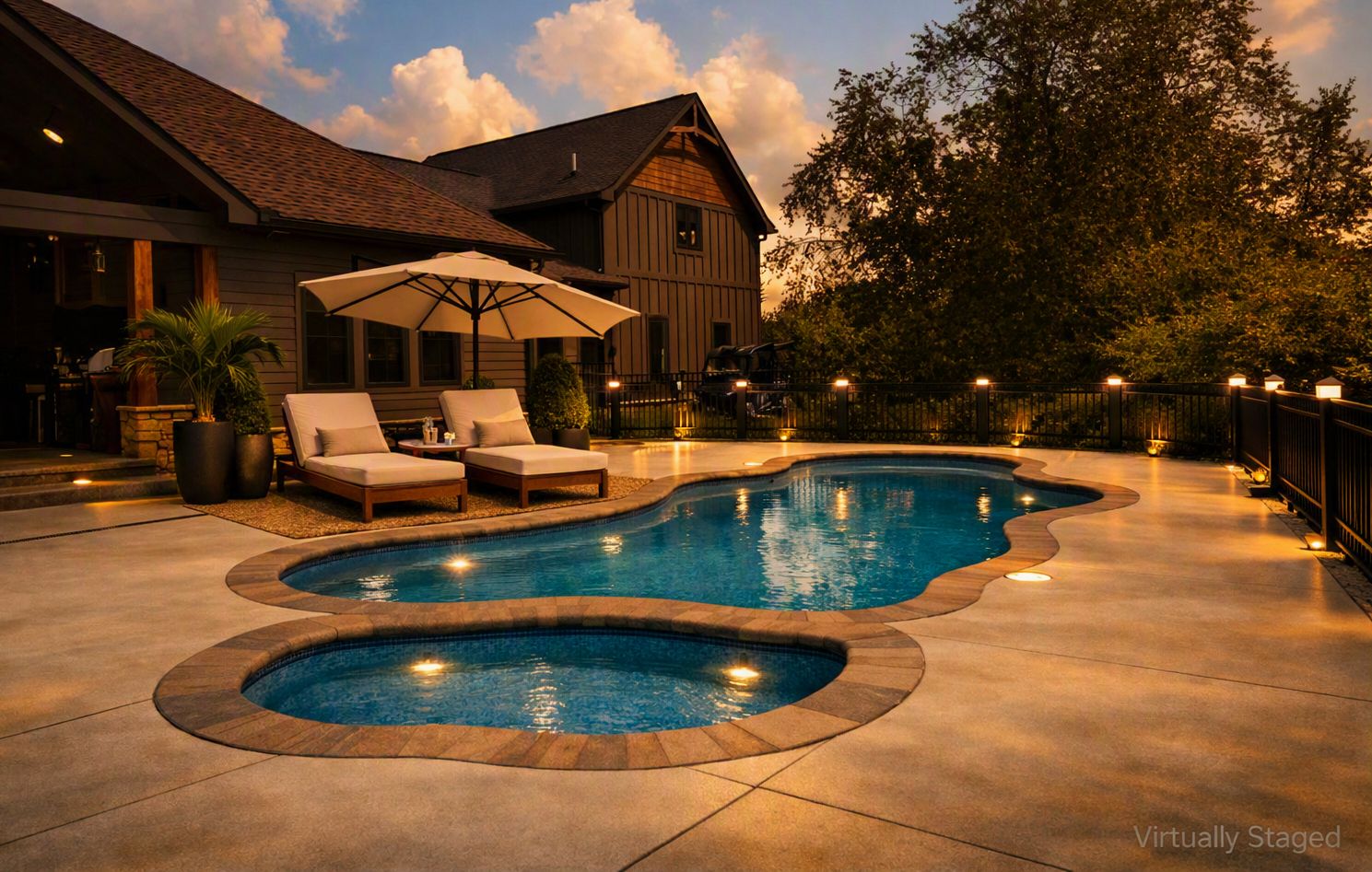 Inground pool and patio at dusk