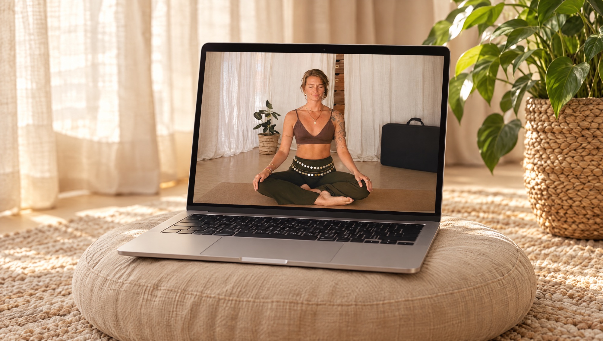 Laptop on a floor cushion showing an online 9D Breathwork session with Jules