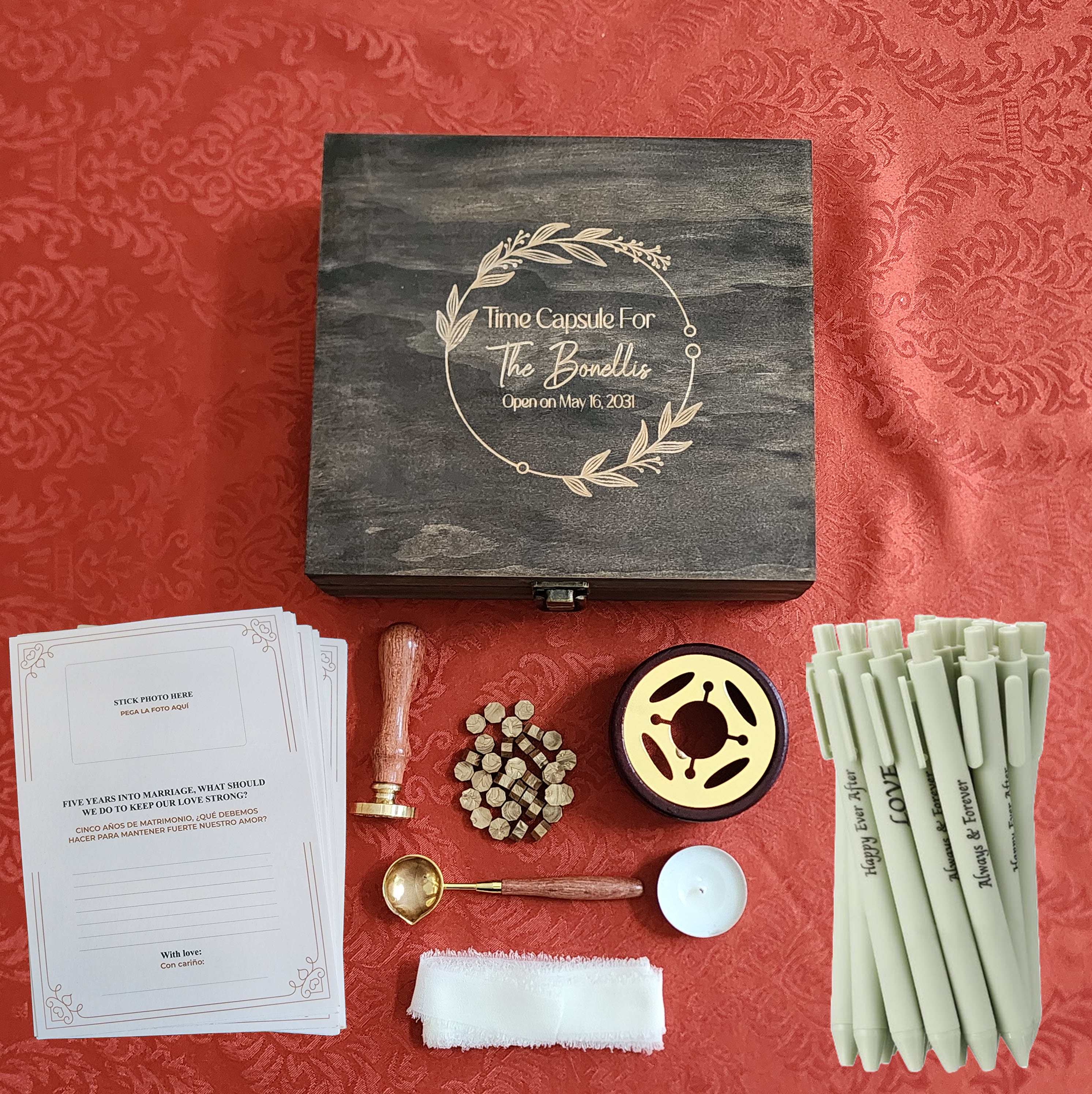 The complete For Future Us kit · box, cards, wax seal, stamp, silk wrap