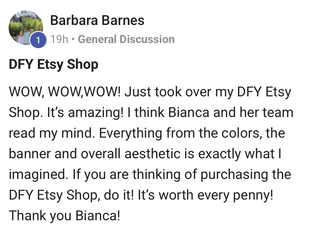 Barbara Barnes: WOW, WOW, WOW! Just took over my DFY Etsy Shop. It's worth every penny.