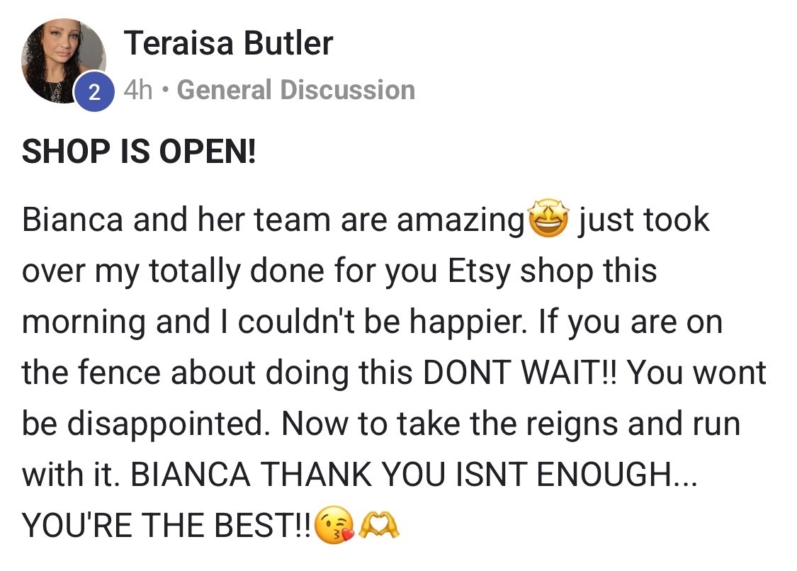 Teraisa Butler: SHOP IS OPEN! Bianca and her team are amazing. DON'T WAIT!