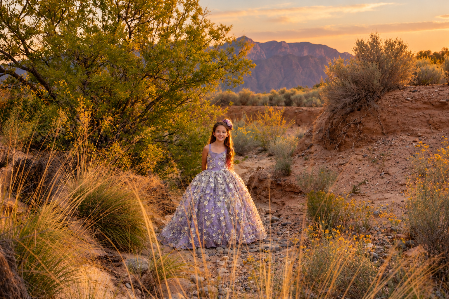 Young girl in a lavender couture gown in the Bosque at golden hour, Sandia Mountains glowing at sunset — Albuquerque portrait photographer Young girl in a lavender couture gown in the Bosque at golden hour, Sandia Mountains glowing at sunset — Albuquerque portrait photographer