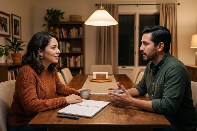 Pareja sentada frente a frente en una mesa, hablando con calma junto a una libreta abierta Pareja sentada frente a frente en una mesa, hablando con calma junto a una libreta abierta