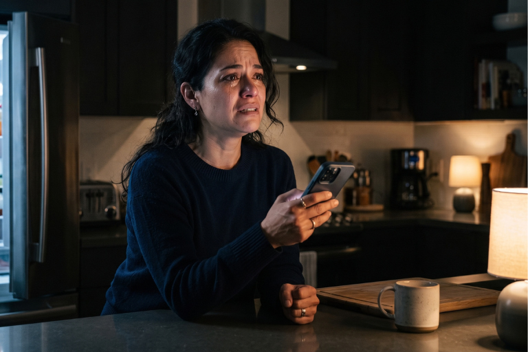 Mujer en la cocina de madrugada con el teléfono en la mano y gesto de lucha interior, como imagen de querer parar y no poder Mujer en la cocina de madrugada con el teléfono en la mano y gesto de lucha interior, como imagen de querer parar y no poder