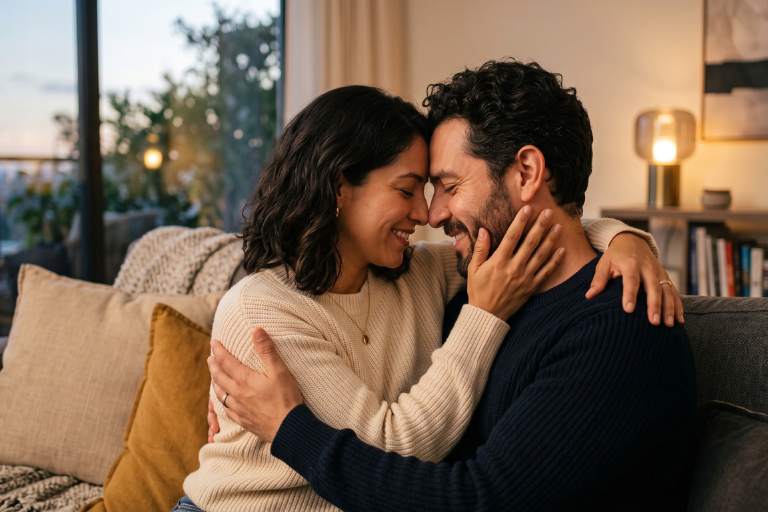 Pareja con las frentes juntas y los ojos cerrados, sonriendo con calma en el sofá, como imagen de ternura y vínculo Pareja con las frentes juntas y los ojos cerrados, sonriendo con calma en el sofá, como imagen de ternura y vínculo