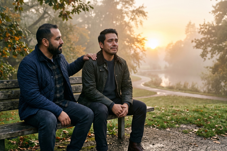 Dos personas en un banco al amanecer, una llorando de alivio y la otra con la mano en su hombro, como imagen de acompañamiento y esperanza Dos personas en un banco al amanecer, una llorando de alivio y la otra con la mano en su hombro, como imagen de acompañamiento y esperanza