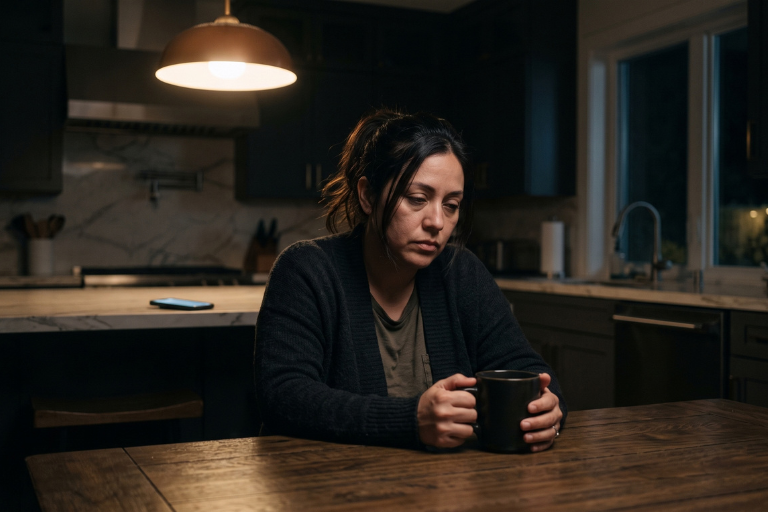 Mujer sentada sola en la cocina de noche con una taza fría y el teléfono encendido a un lado, en una escena de culpa y cansancio