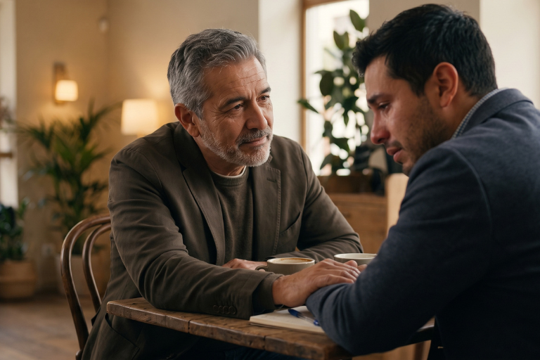 Dos hombres de distinta edad en una mesa de café, el mayor escucha con la mano en el hombro del joven, como imagen de acompañamiento sin juicio