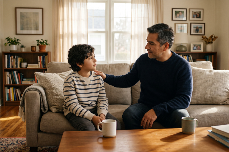 Padre y su hijo de diez años conversando con calma en el sofá, con la mano del padre sobre el hombro del niño Padre y su hijo de diez años conversando con calma en el sofá, con la mano del padre sobre el hombro del niño