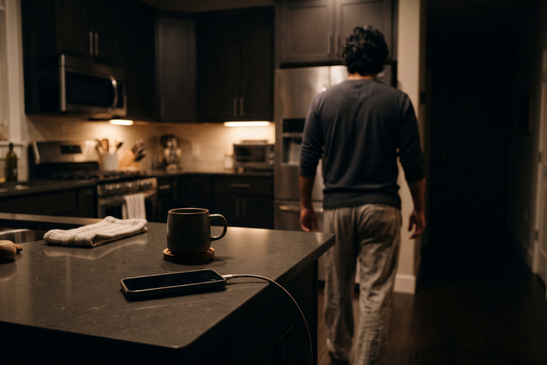 Manos dejando el teléfono cargando en la cocina, lejos del dormitorio, como imagen de una barrera concreta en el día a día