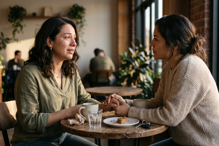 Dos amigas conversando en un café, una escucha y la sostiene de la mano, como imagen de pedir ayuda sin vergüenza