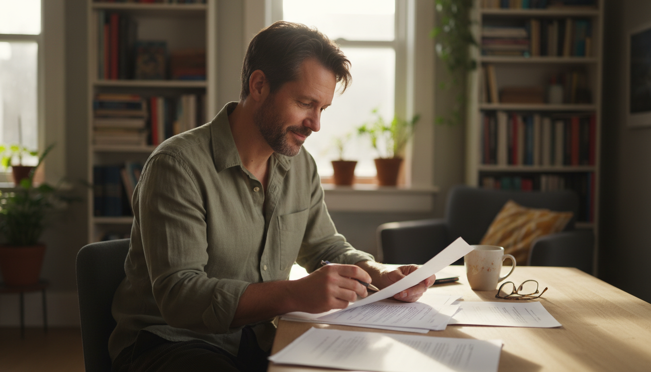 man reviewing financial documents at home office desk showing AUM fee concerns