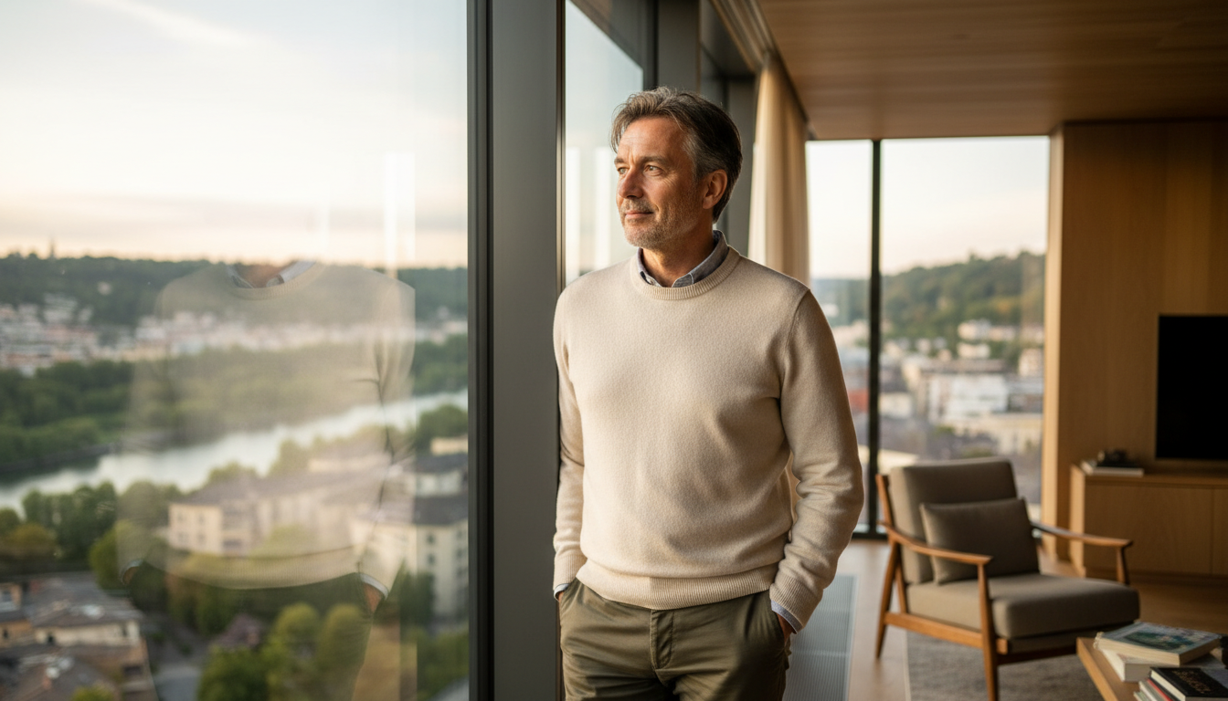 confident wealth advisor standing near window showing financial clarity and purpose