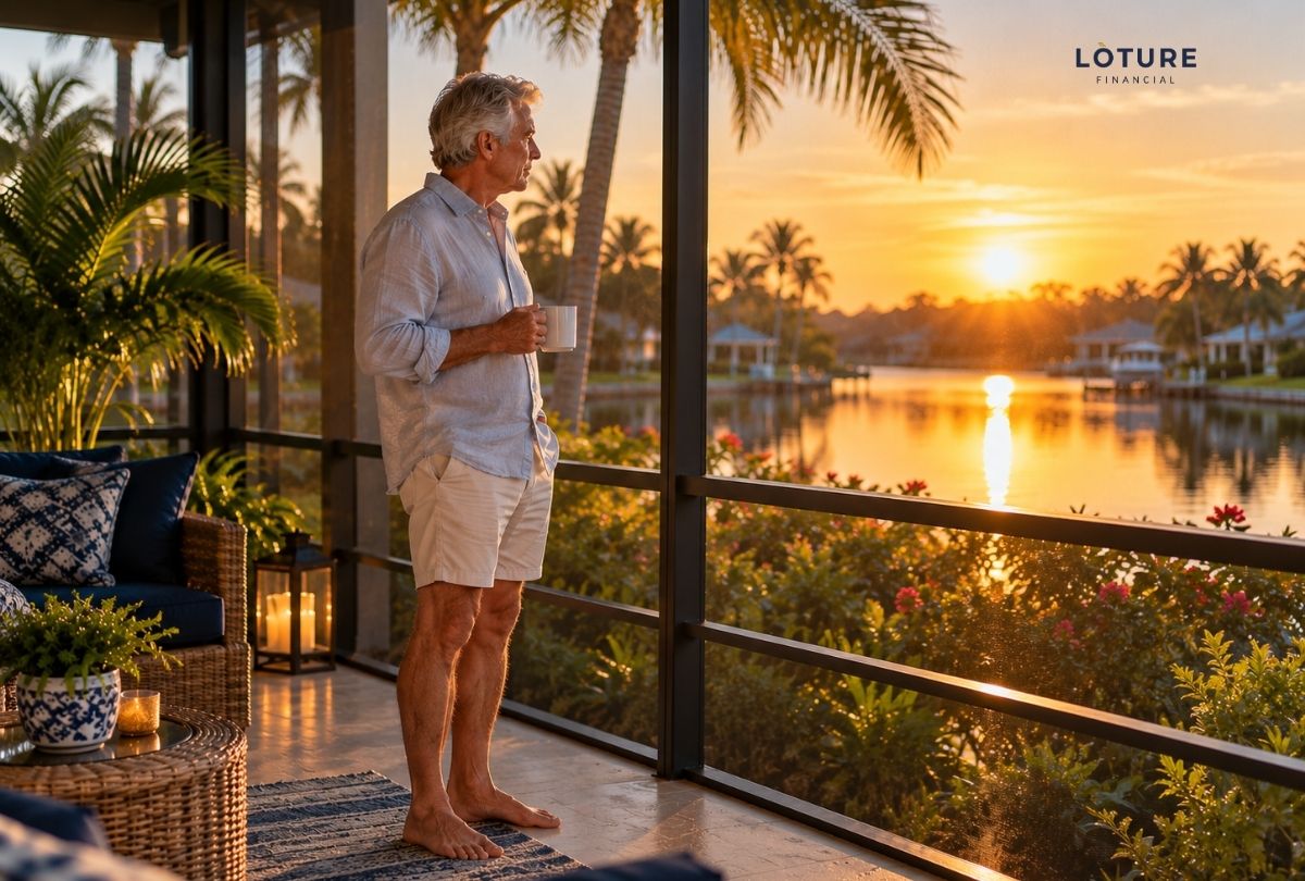 Retired man with coffee on a Florida porch at sunrise after changing residency from New Jersey