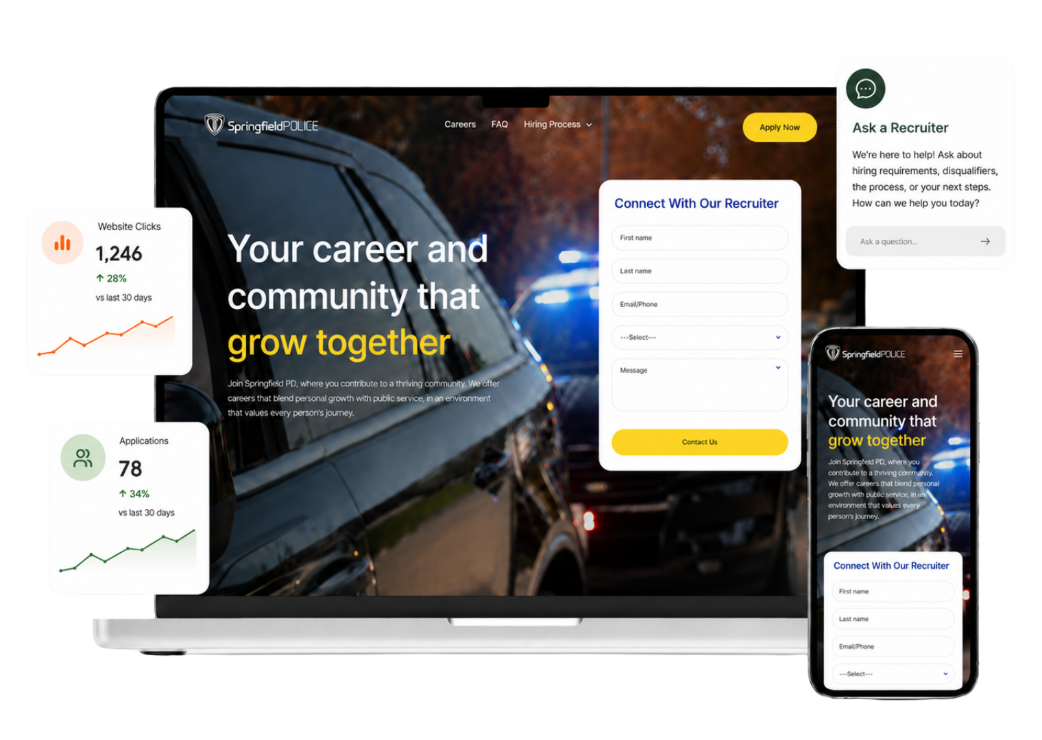 CivicHire Attract view showing candidate capture from recruiting events, referrals, QR codes, school visits, ride-alongs, website forms, and everyday recruiting conversations.
