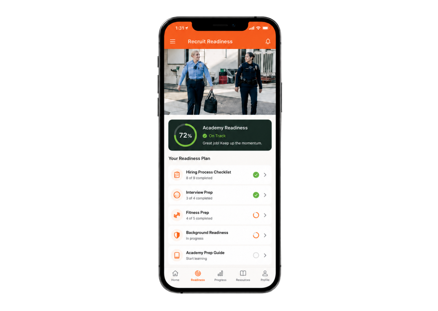 CivicHire Develop view showing candidate readiness content, testing guidance, academy expectations, checklists, FAQs, documents, videos, and quizzes.