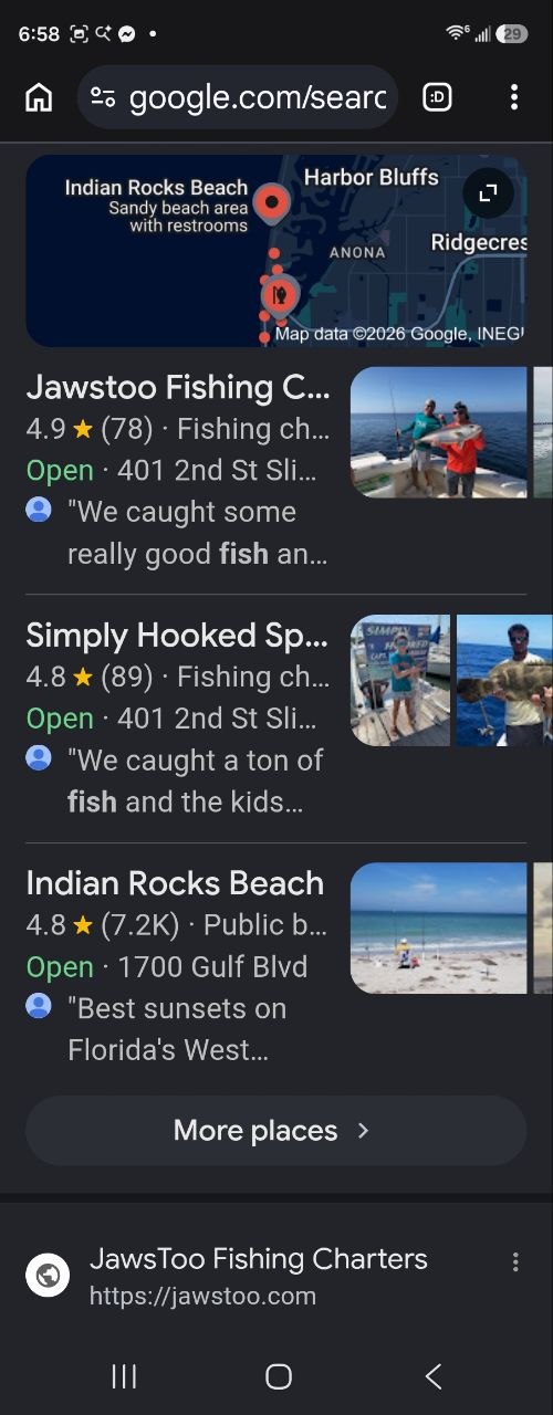 Google local results showing JawsToo Fishing Charters first in the captured results
