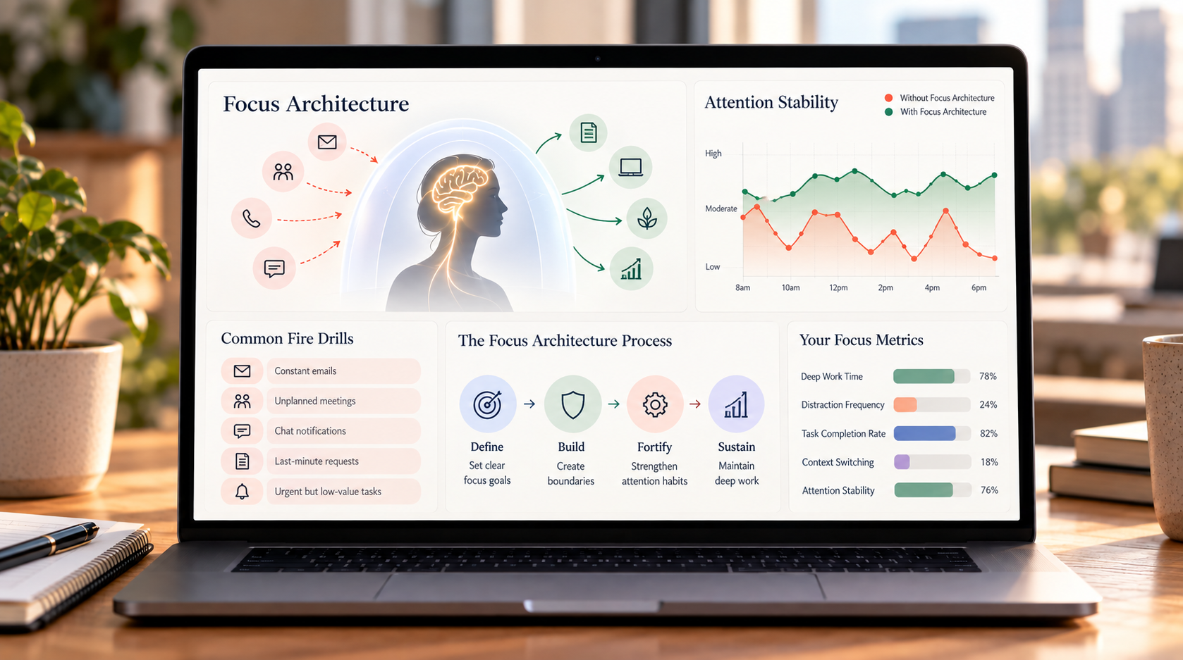 Laptop mockup: Focus timer and task board