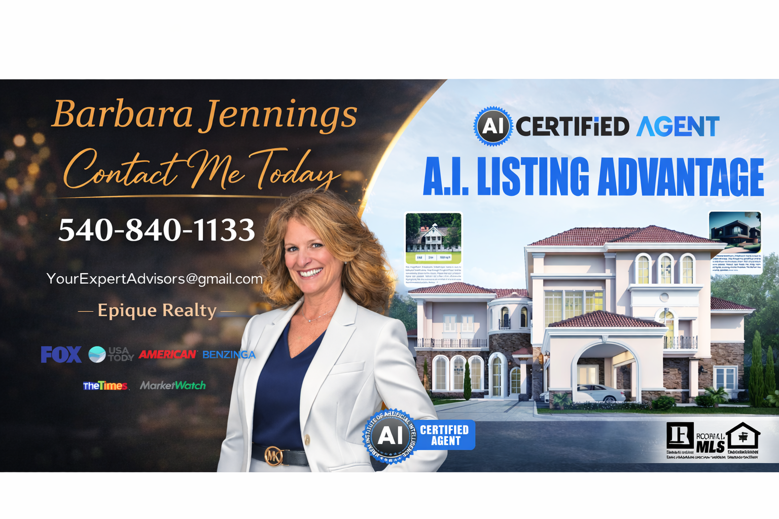 Barbara Jennings AI Certified Realtor in Fredericksburg VA offering AI Listing Advantage, 100 point marketing strategy, luxury home selling services in Stafford Spotsylvania and Fredericksburg Virginia