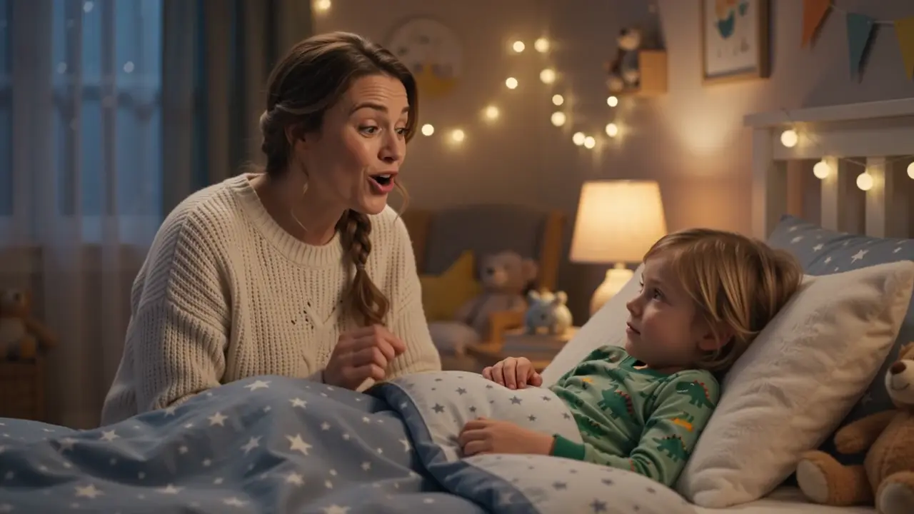A mother tells a bedtime story to her young son in a softly lit bedroom