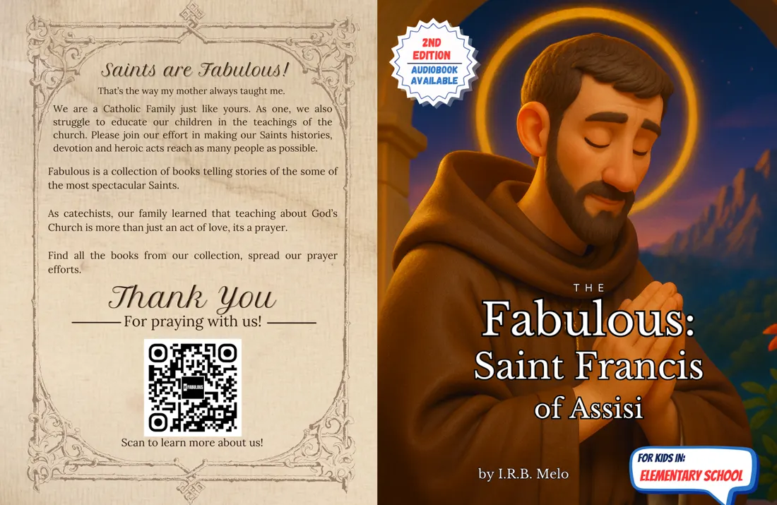 Full front and back cover of The Fabulous: Saint Francis of Assisi, 2nd Edition, with the audiobook QR code on the back