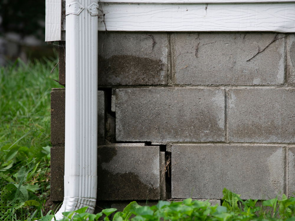 Cracked foundation wall with visible moisture damage.
