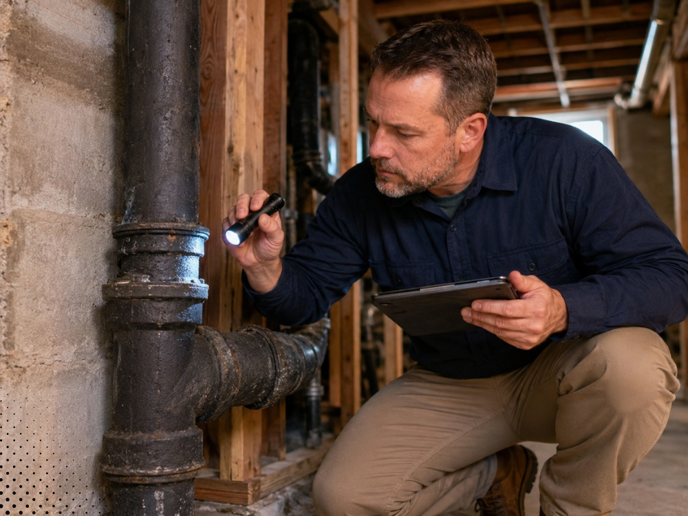Close-up of cast iron plumbing pipes inside a home during a professional Fort Worth TX home inspection by Buffalo Property Inspections