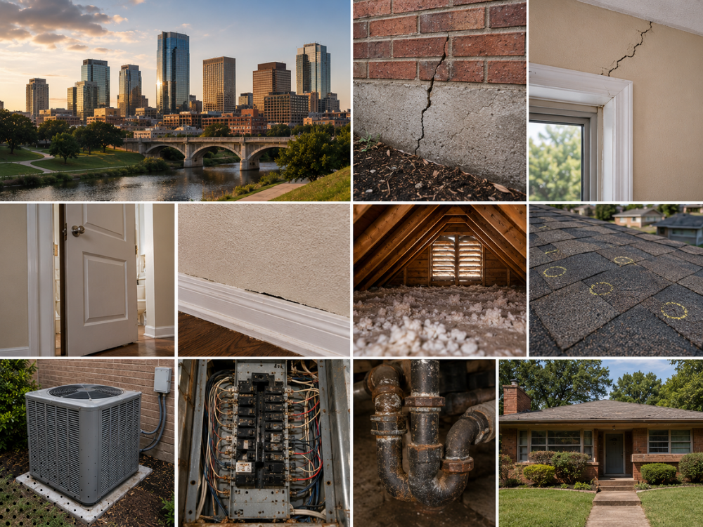 Detailed inspection images of Fort Worth home: foundation cracks, window trim, attic insulation, roof shingles, HVAC unit, electrical panel, plumbing, and front yard exterior