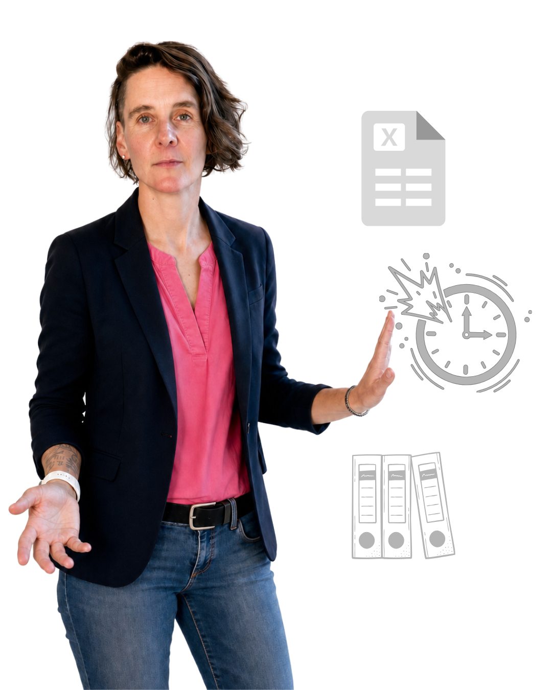 Saskia schiebt die alte Arbeitswelt beiseite – durchgestrichene Excel-Tabelle, Akten und Uhr verblassen