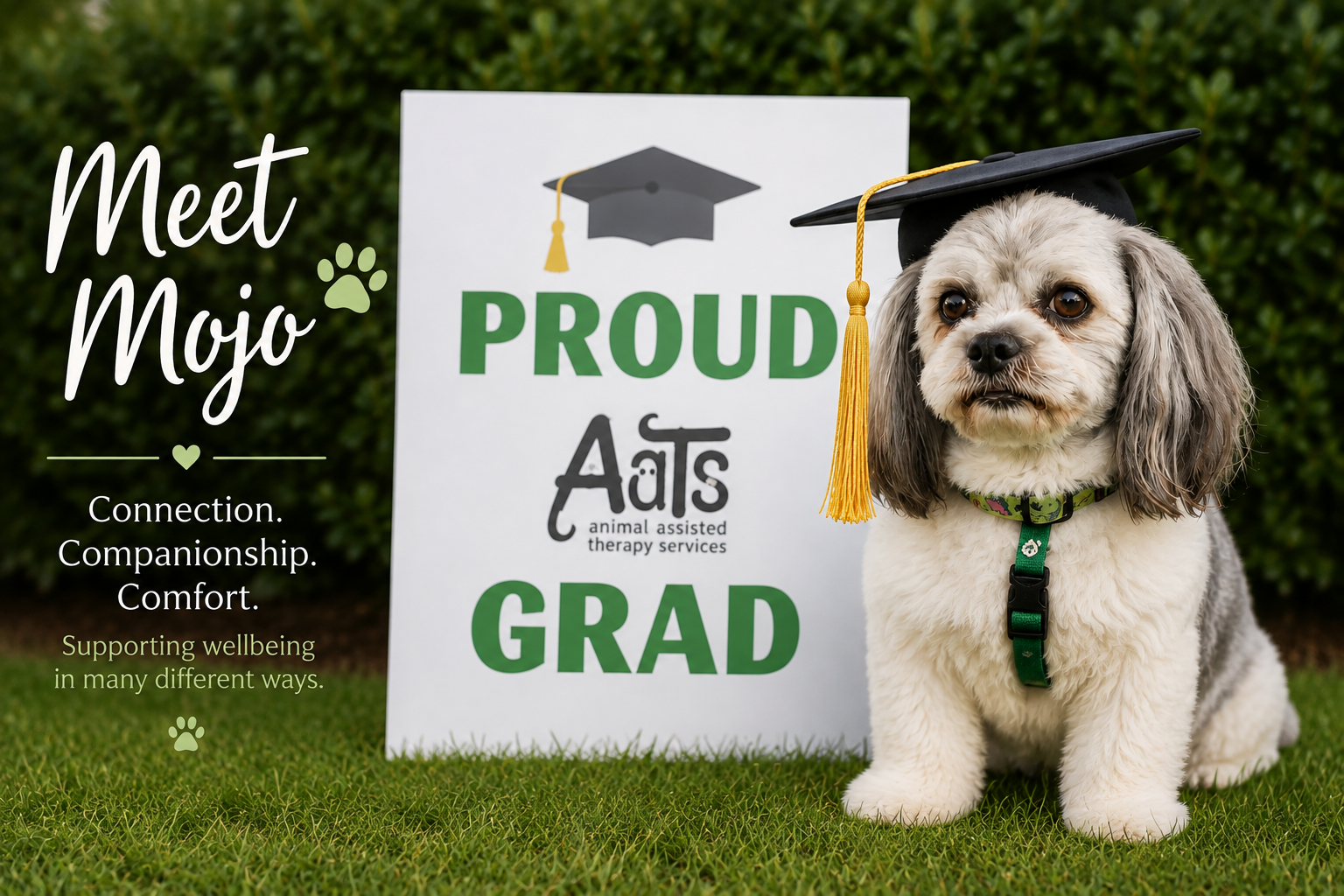 Mojo the therapy dog wearing a graduation cap