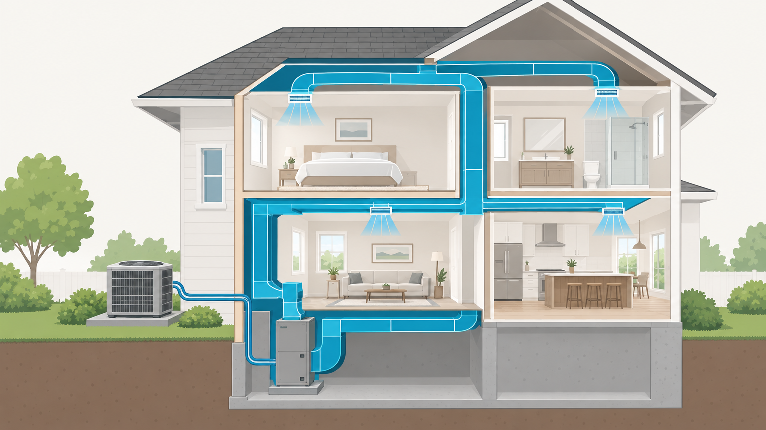 A house cross-section showing blue ducts and an outdoor unit connected to a furnace during an HVAC repair or replacement evaluation.