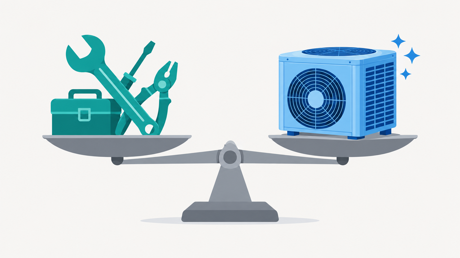 A scale balances repair tools against a sparkling HVAC unit, representing the choice between repairing or replacing the system.