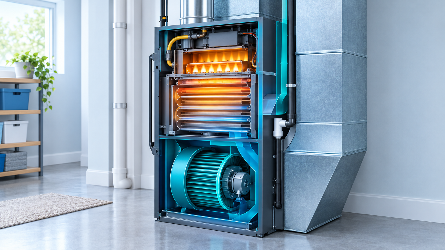 An open furnace showing glowing burners and internal fans, illustrating expert furnace repair in Fairfax, VA.