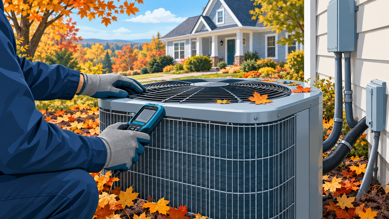 A gloved technician performs seasonal HVAC maintenance on an outdoor AC unit in Fairfax, VA, using a diagnostic tool.