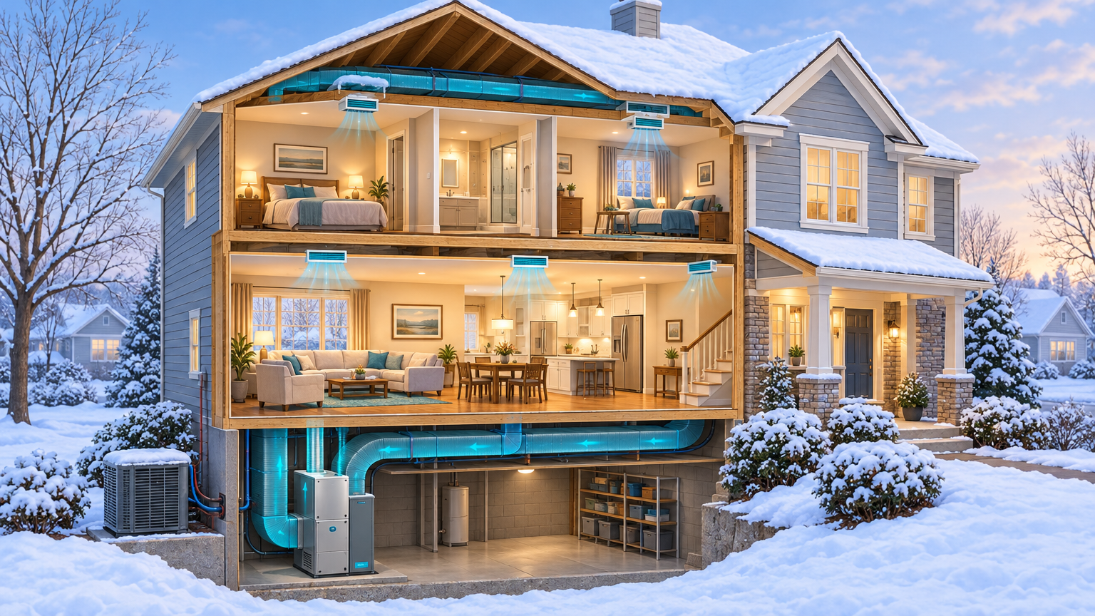 A cross-section of a snowy basement showing an HVAC system with blue ducts and a furnace being repaired by professionals in Fairfax, VA.