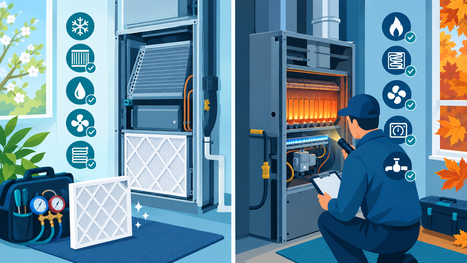 A technician performs seasonal HVAC maintenance in Fairfax, VA, inspecting a cooling unit in spring and a glowing furnace in autumn.