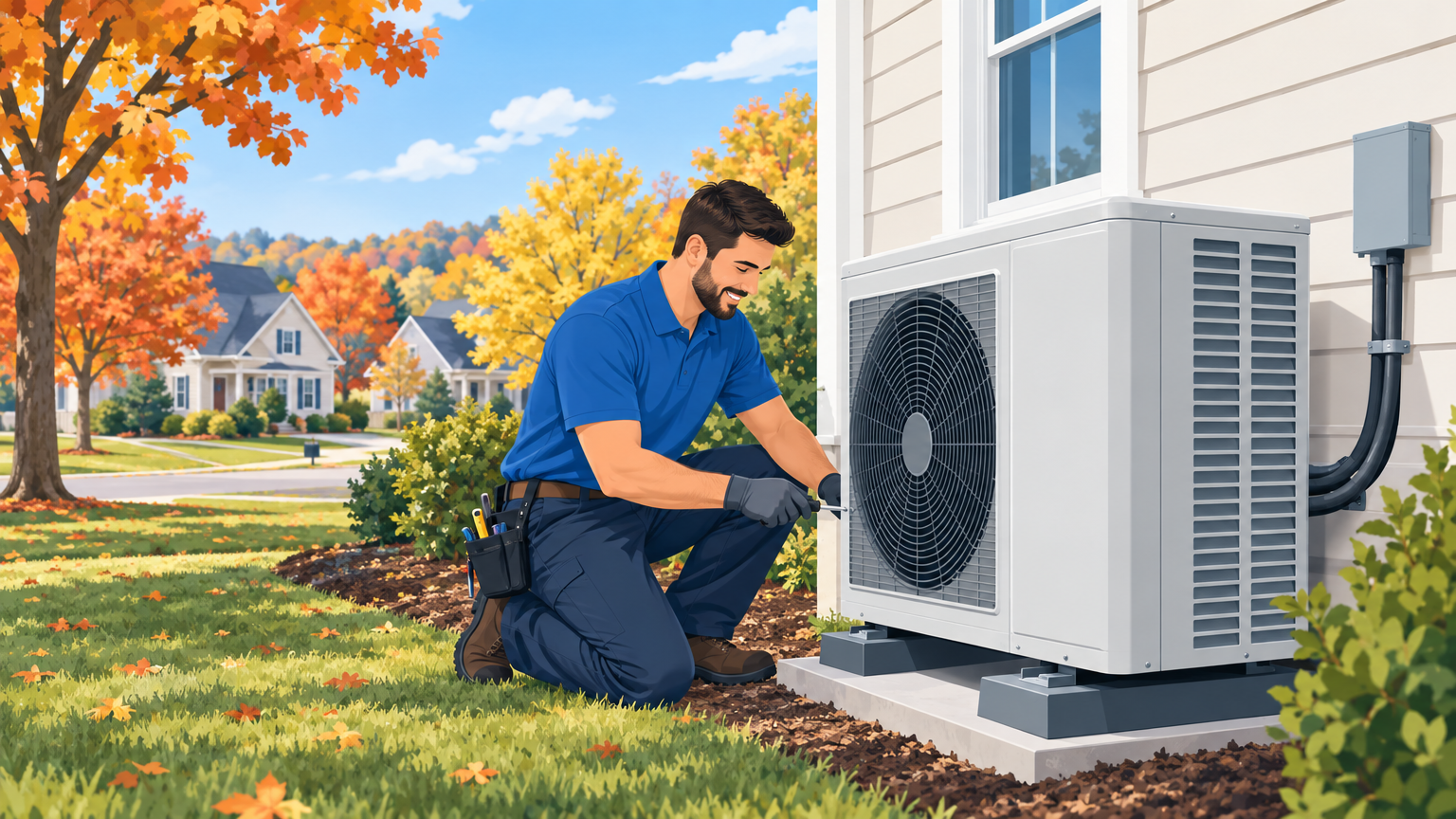A technician in a blue polo kneels on a lawn in autumn to install a heat pump at a Fairfax, Virginia home.