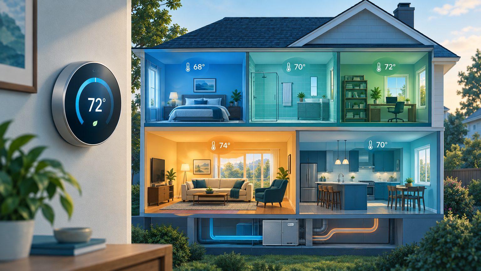 A smart thermostat and zoning installation in Fairfax, VA, showing 72 degrees next to a cutaway house diagram with varying room temperatures.