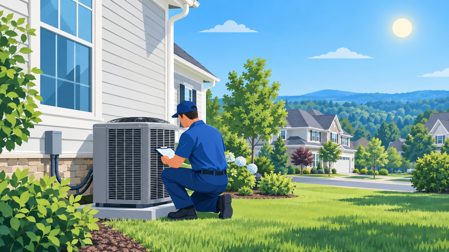 A technician in a blue uniform kneels to repair an outdoor AC unit in Fairfax, VA.