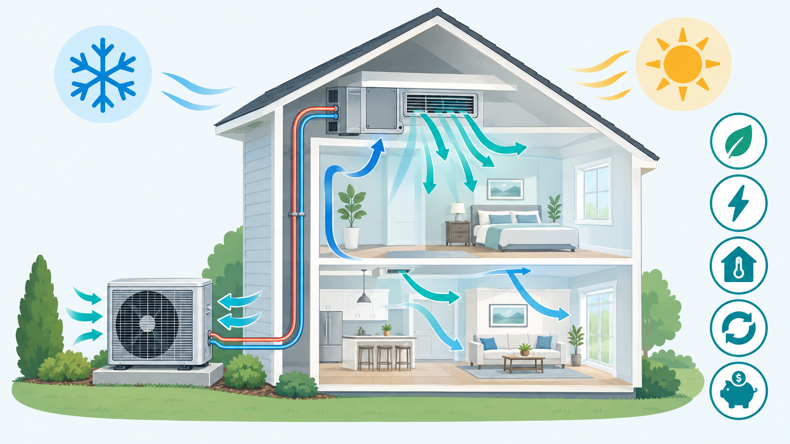 A house cutaway shows a heat pump installation in Fairfax, VA, with arrows depicting air circulating between outdoor and indoor units.