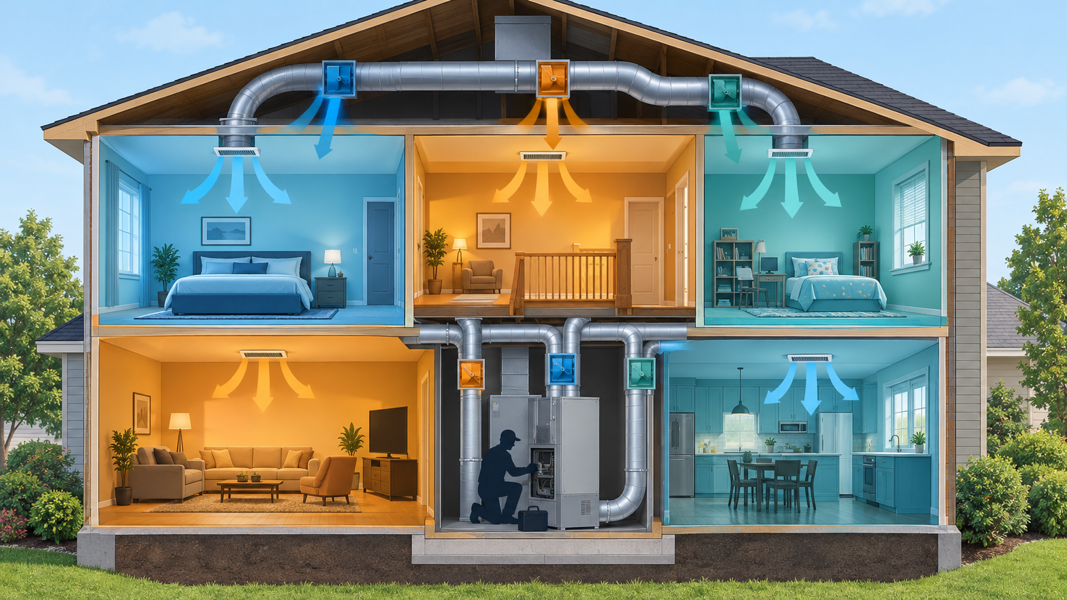 A technician installs a smart thermostat and zoning system in a house cutaway, showing blue and orange airflow to each room.