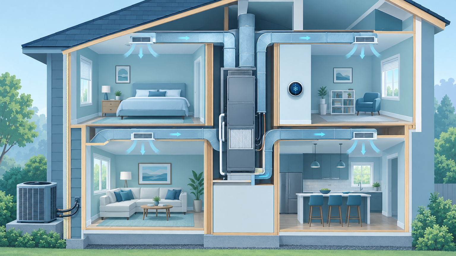 A house cutaway shows an HVAC furnace and outdoor unit system, illustrating AC repair and installation services in Fairfax, VA.