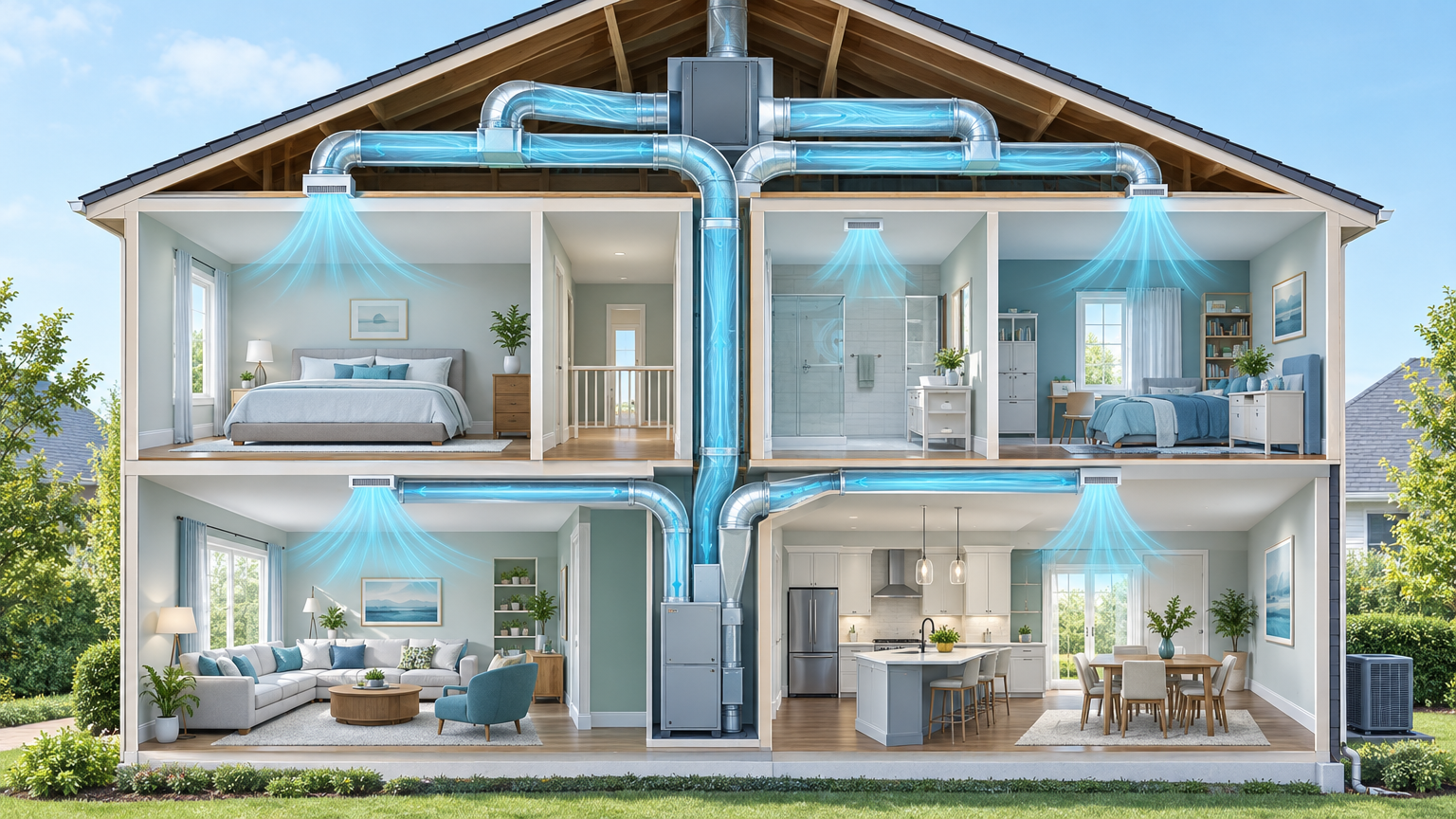 A cross-section of a house shows an HVAC system with blue air currents in the ducts to illustrate duct cleaning and air quality.