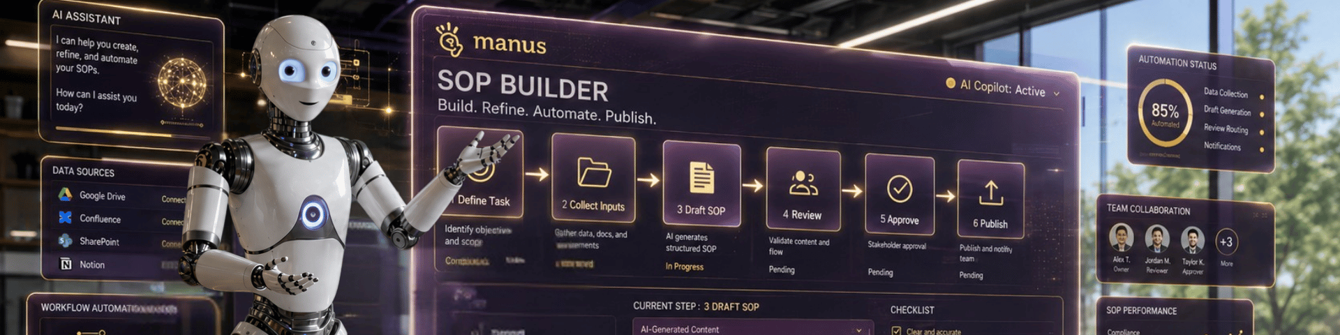A friendly AI assistant presenting a glossy Manus SOP Builder dashboard